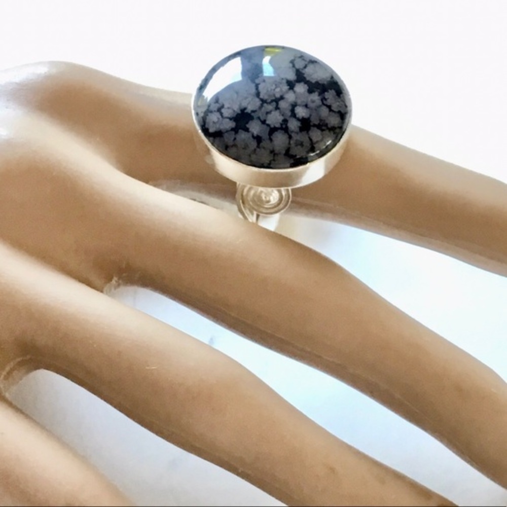 Snowflake Obsidian Gemstone Ring Round Geo